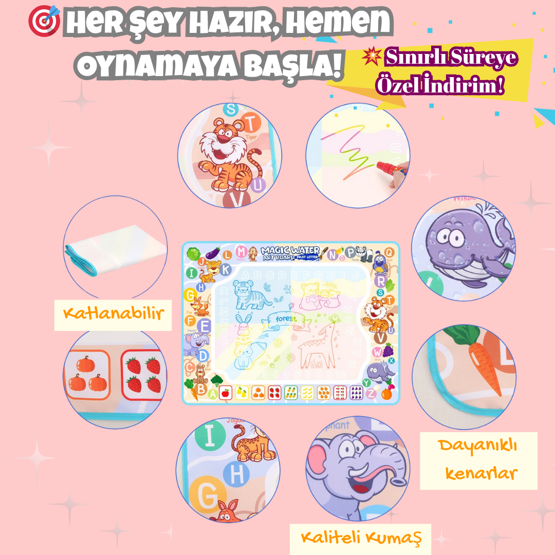 VelocityToys Sihirli Su Boyama Matı, Yeniden Kullanılabilir, Montessori Boyama Oyuncağı